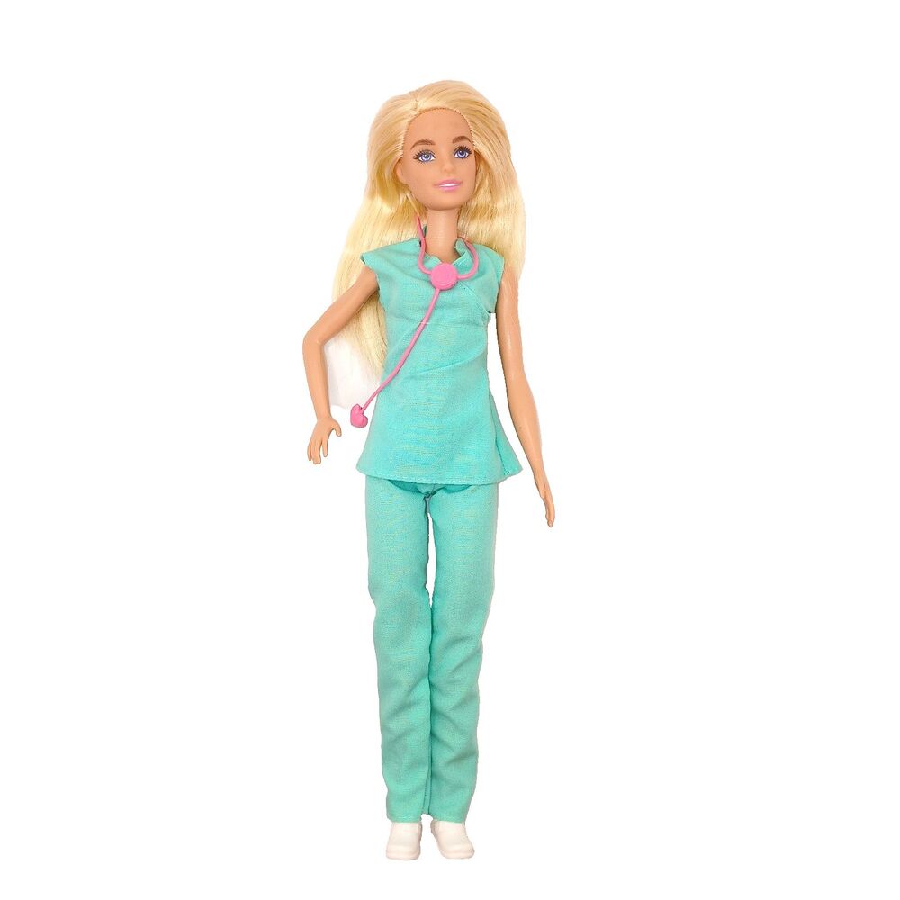 Barbie Careers Baby Doctor Doll Blonde Dressed Scrubs Stethoscope & Shoes